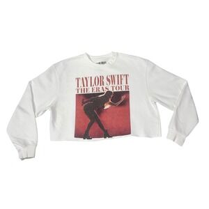 Taylor Swift The Eras Tour Sweatshirt XL White Cropped Raw Hem Thumbholes